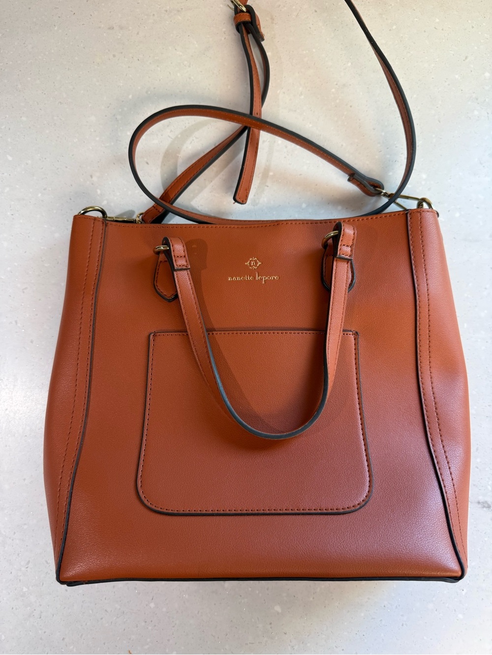 Nanette Lepore Eloise Triple Section Tote in Cognac Brown Vegan Leather